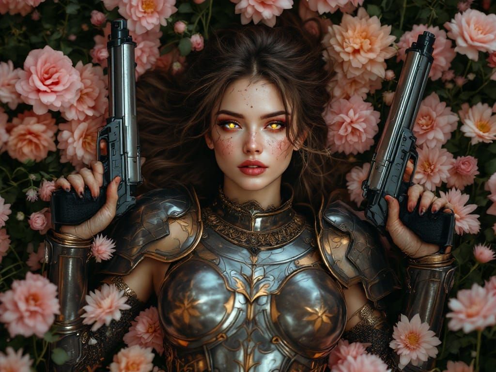 Hyperrealistic Warrior Goddess in a Floral Oasis