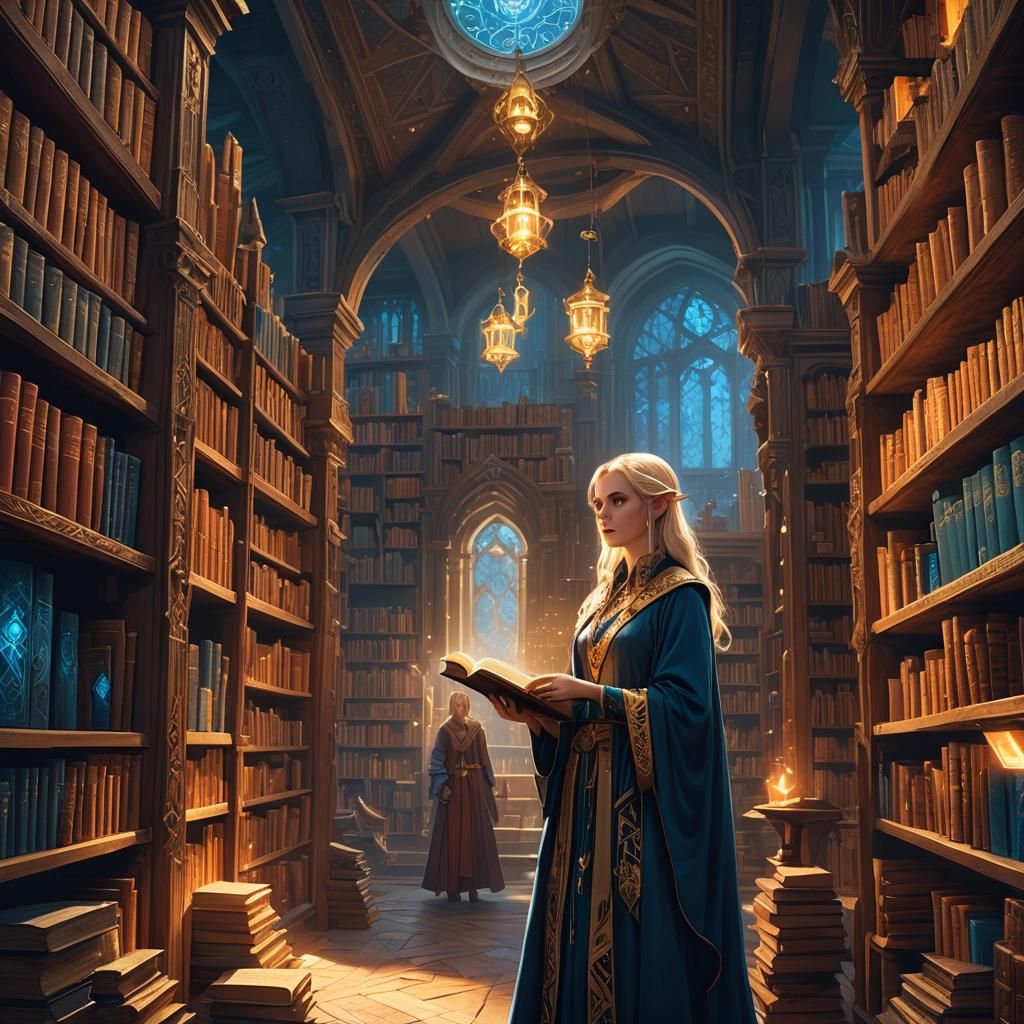 Half-Elf Wizard in Mystical Library: Digital Matte Painting