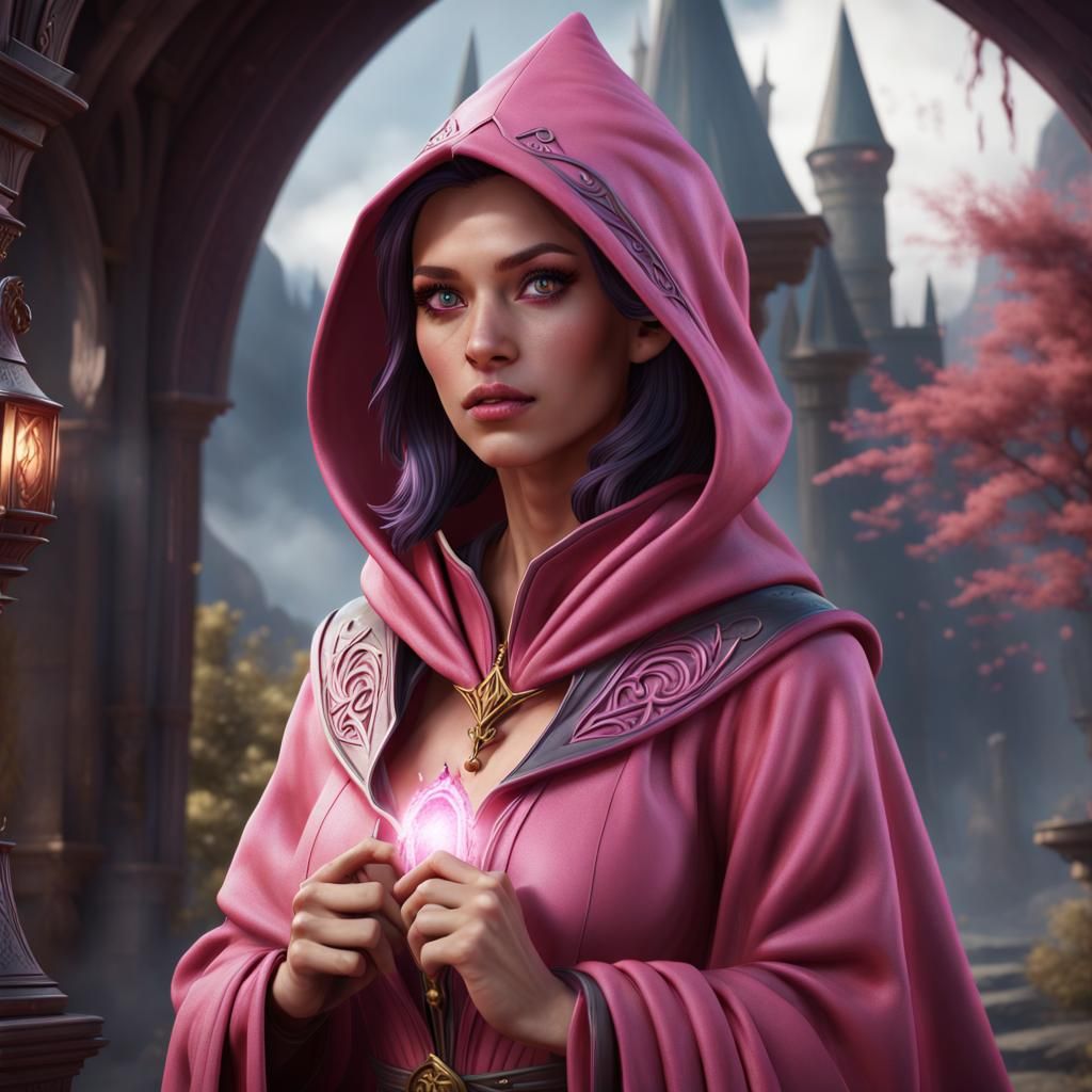 Attractive Female Wizard in Pink Robe, Fantasy Art