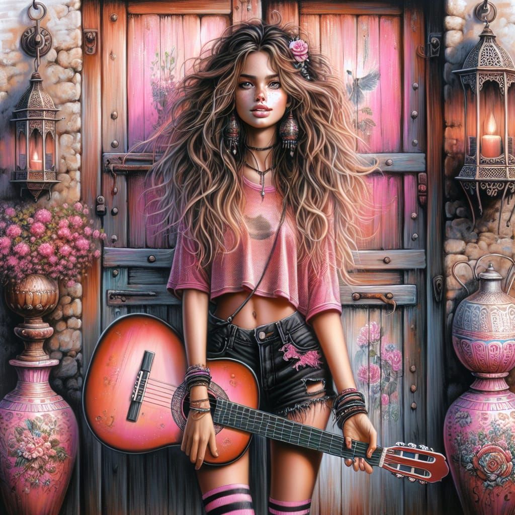 Girl with Guitar Stands Before Pink Door
