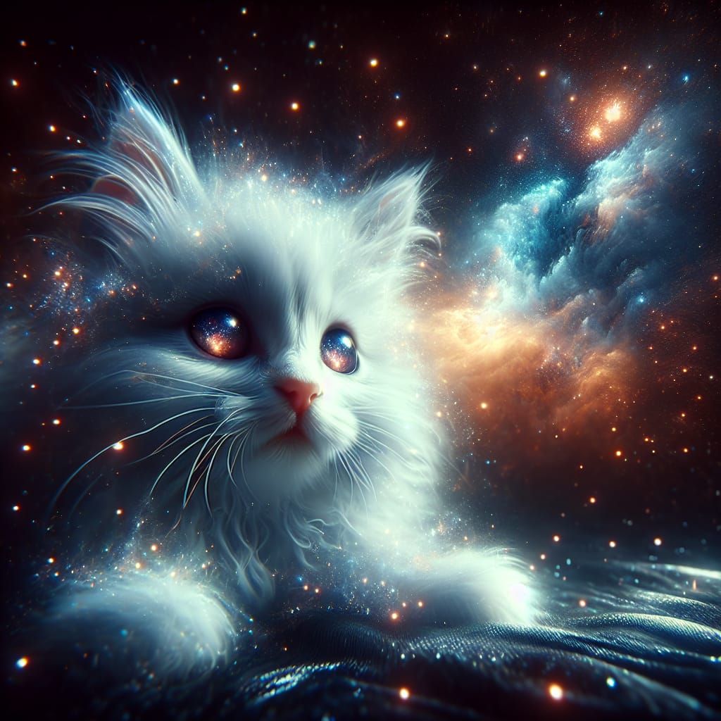 Kitten Mesmerized by Starry Galaxy in Fantasy Illustration