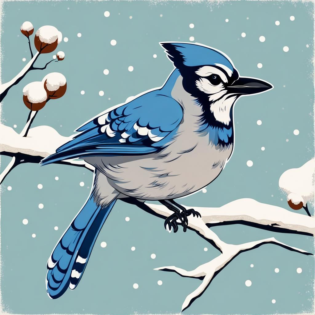 Blue Jay's Winter Song: Vintage Postcard Art