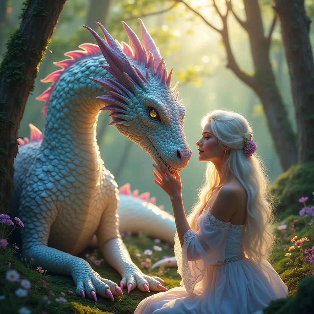Ethereal Dragon Goddess in Whimsical Forest Realm