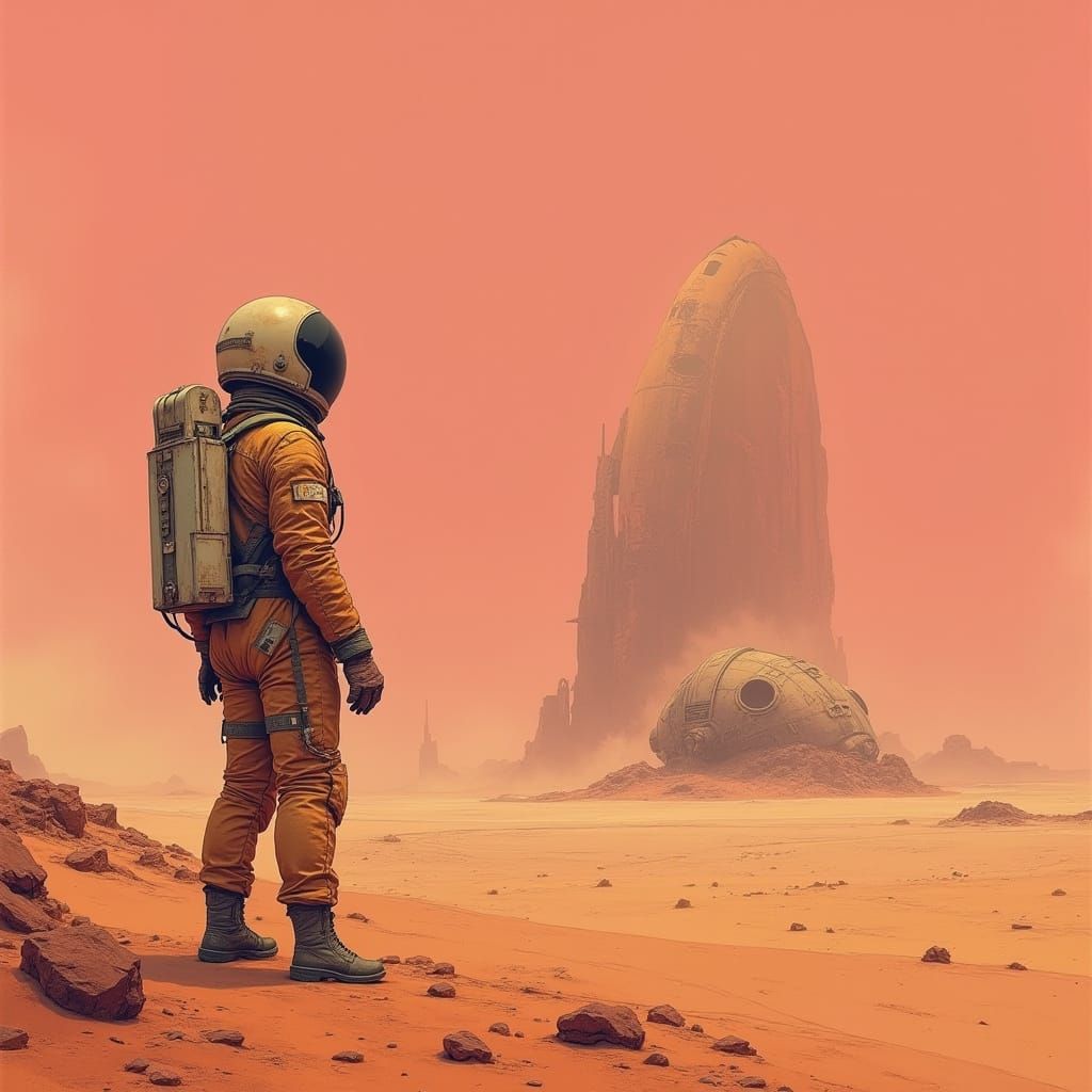 Astronaut on Mars with Alien Spaceship in Retro-Futuristic S...