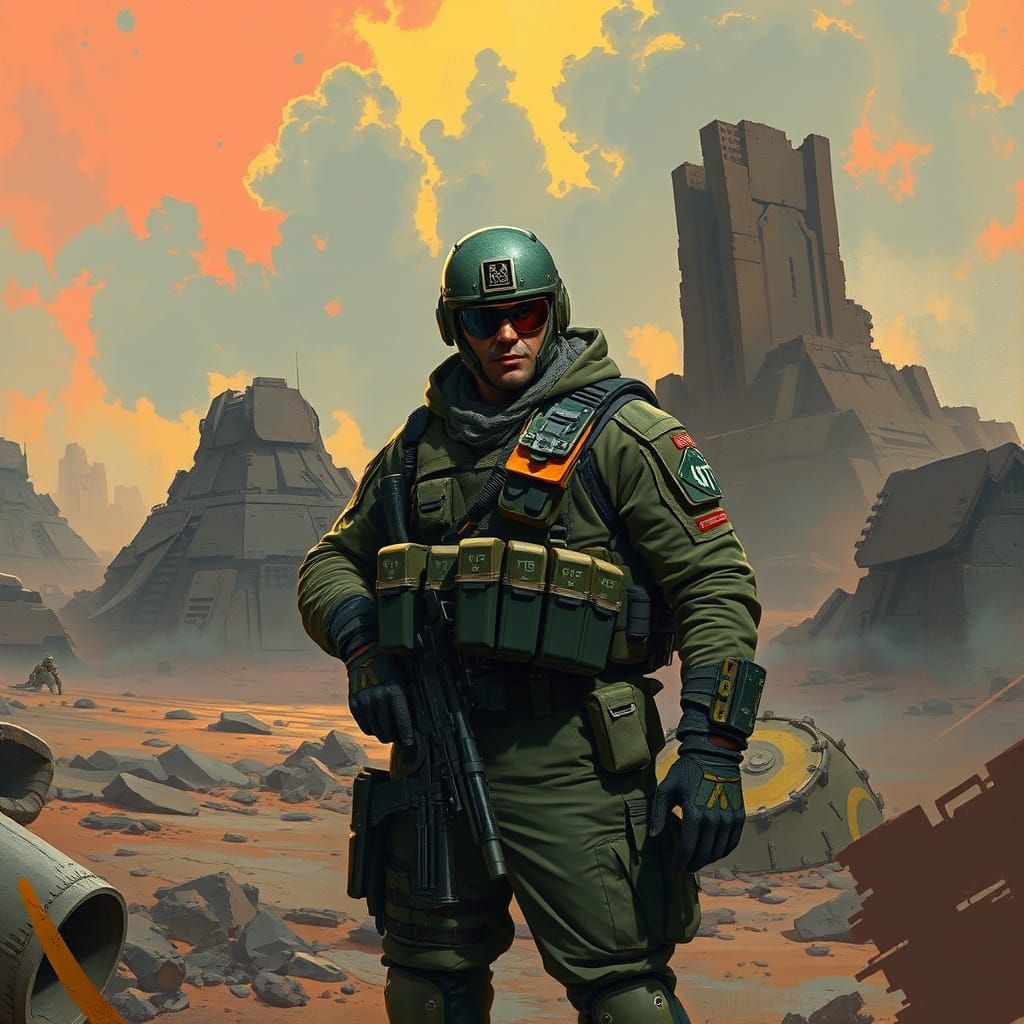 Dystopian Soldier in War-Torn Landscape