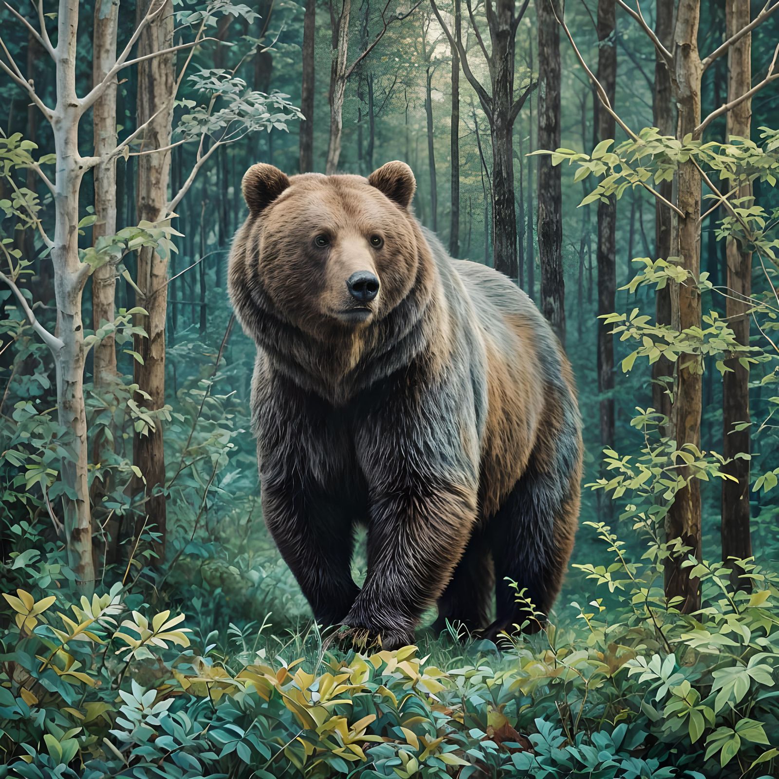 Ethereal Forest: Silver Bear in Marbled Landscape