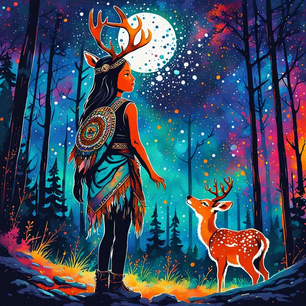 Native American Girl and Deer in Ink Splatter Style