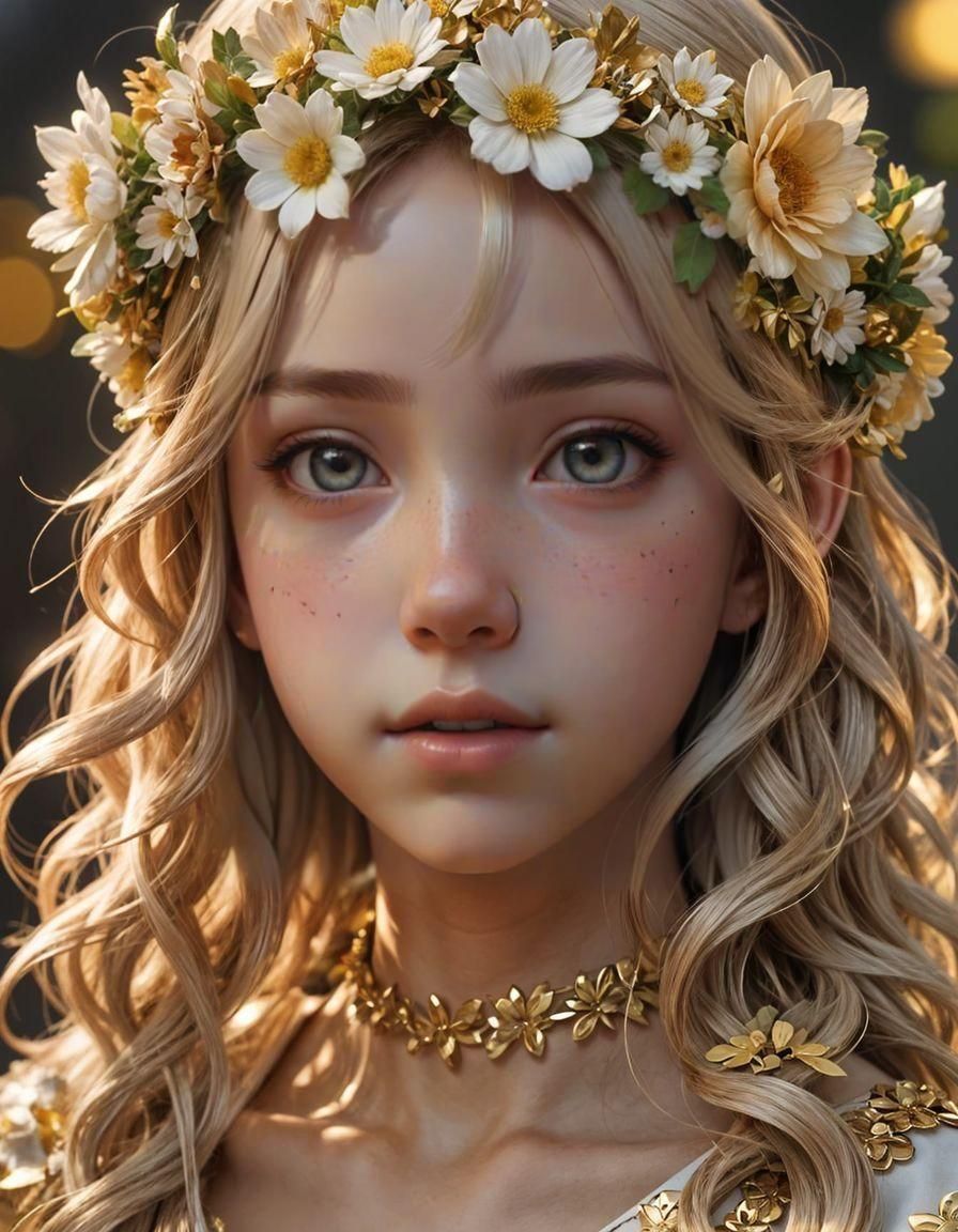 Anime-Style Portrait of Girl with Flower Crown