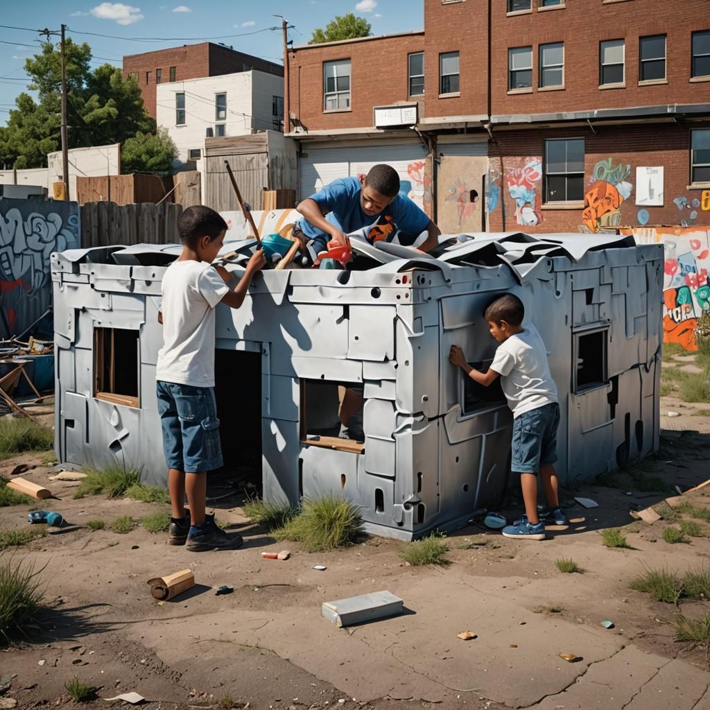 Kids Building Billboard Fort: Photorealistic Airbrush