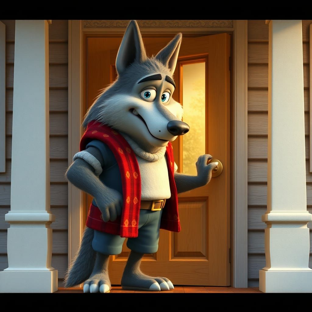Talking Wolf Knocks on Door: 3D Cartoon Image