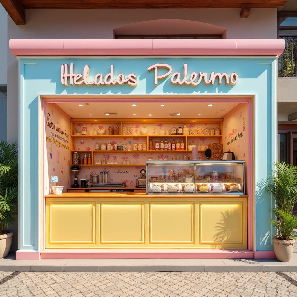 Vibrant Indoor Helados Palermo Kiosk with Playful Colors and...