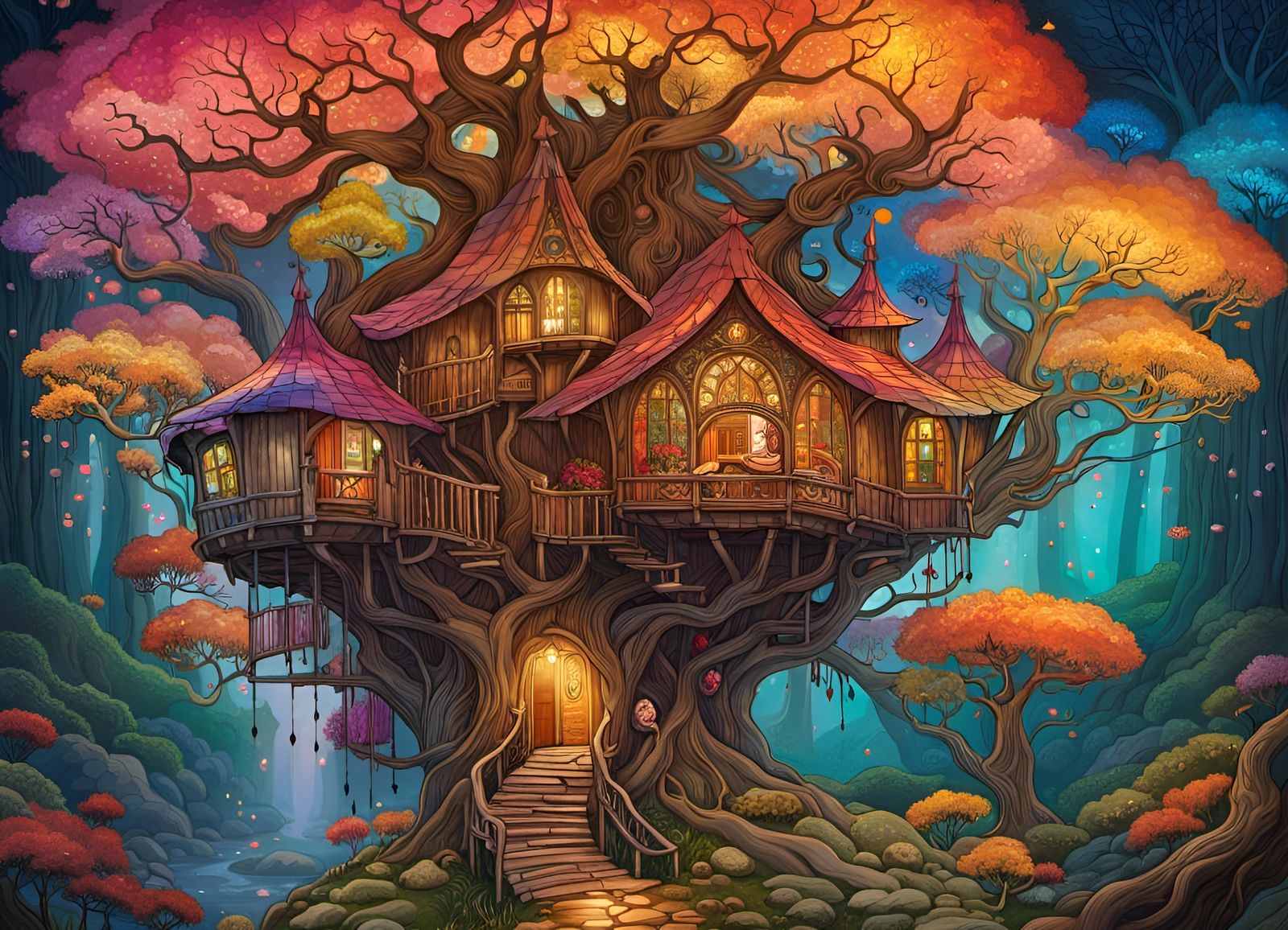 Magical Medieval Treehouse in Colorful Forest