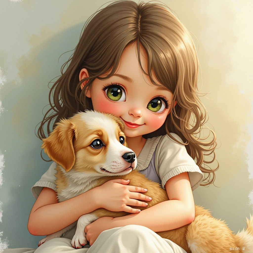 Girl and Puppy in Watercolor Portrait Style