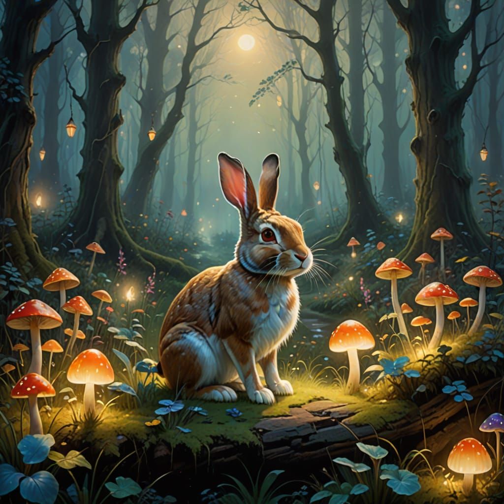 Whimsical Fantasy Rabbit in Enchanted Forest