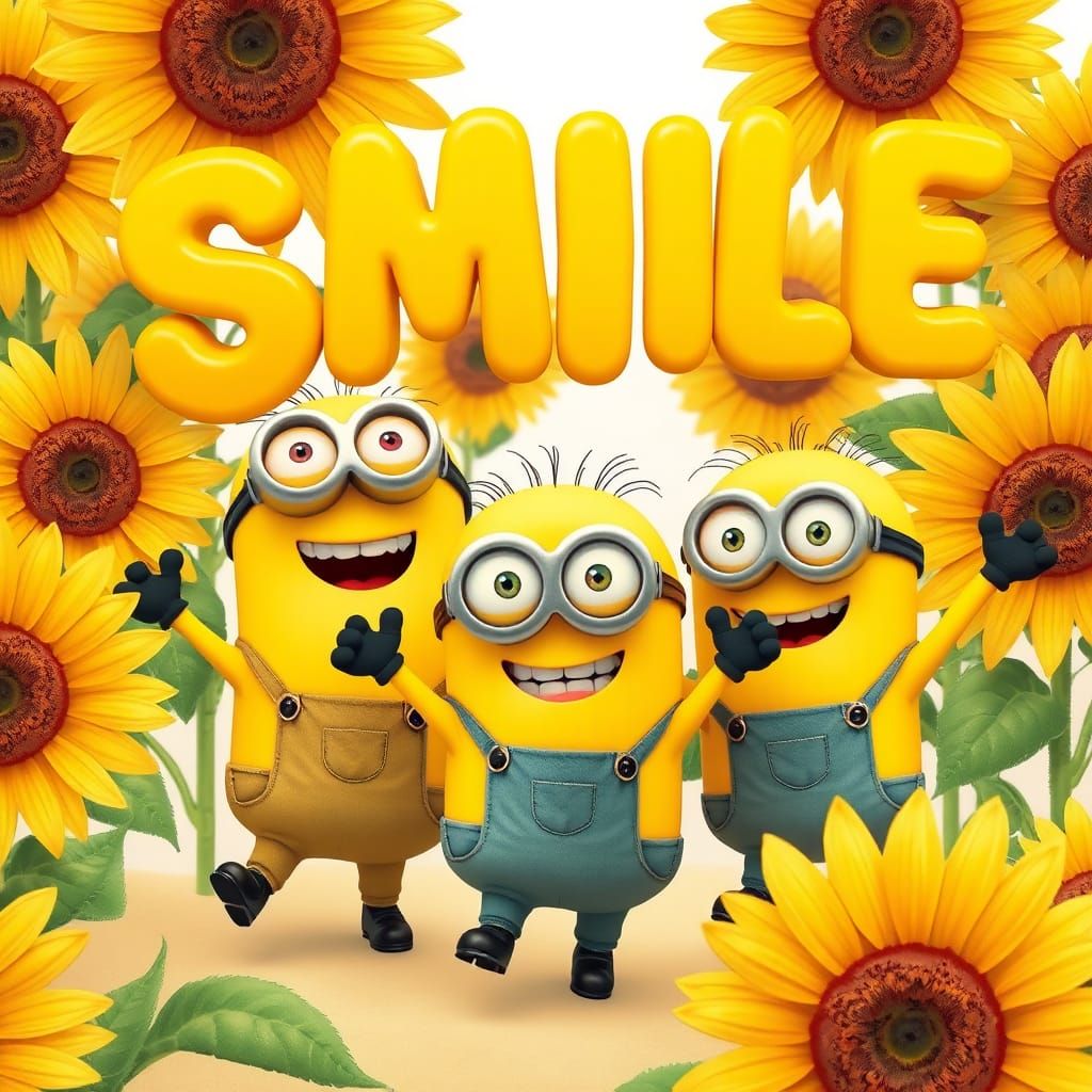 Dancing Minions in Sunflowers with Floating Smile Text