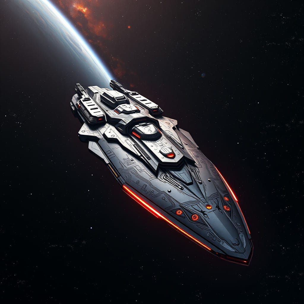 Cyberpunk Space Cruiser Glides Through Stellar Expanse