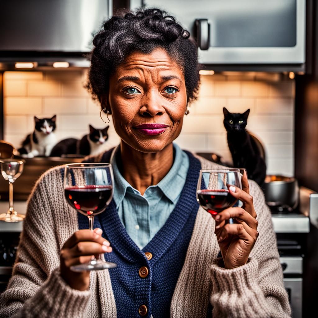 Woman with Cats in Cramped Apartment, 1950s Style