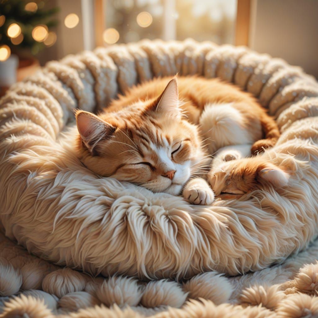 Cute Cat and Dog Sleeping Together in Cozy Bed