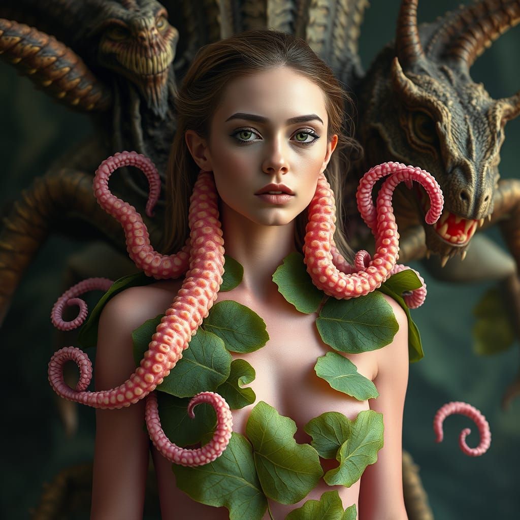 Photorealistic Octopus Woman with Mythical Creatures