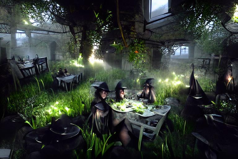 Witches' Mysterious Garden Party at Night