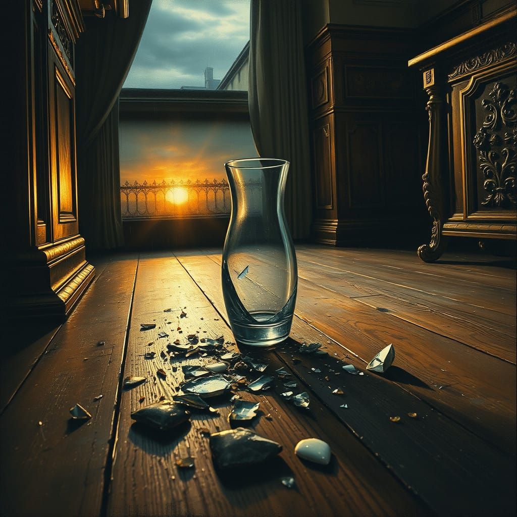 Baroque Vase Shattered in Sunset Light