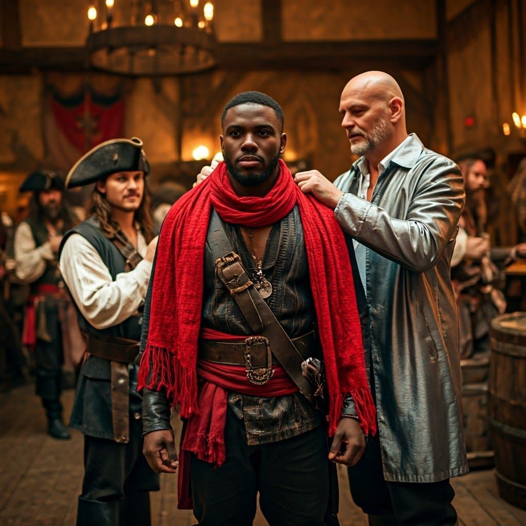 Proud Pirate in Scarlet Regalia with Medieval Tavern Backgro...