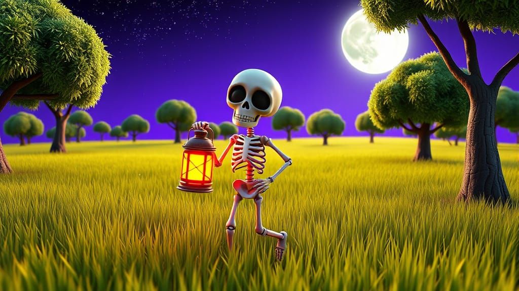 Cute Sleepy Skeleton Searches Field Under Starry Night