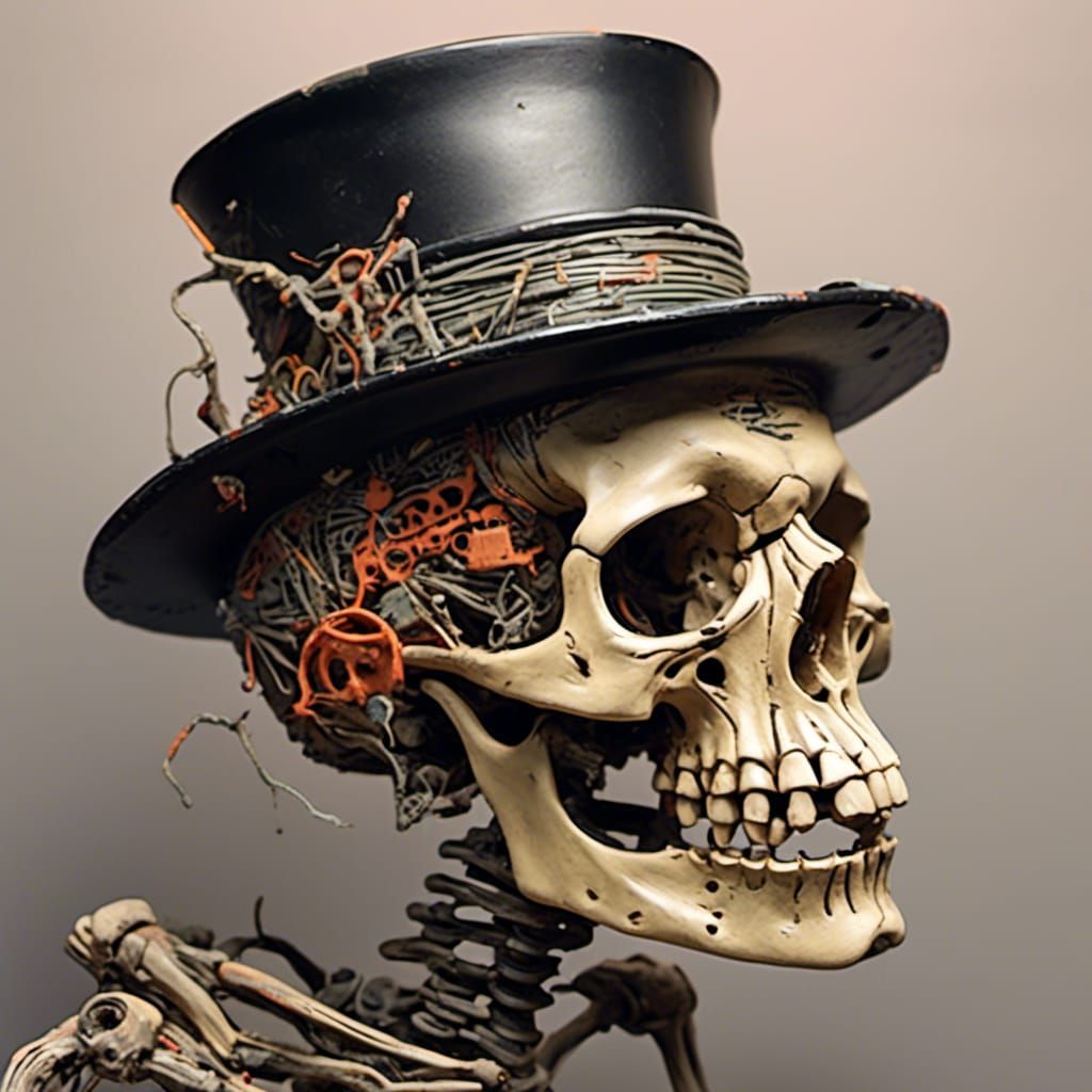 <lora:Boneyard:1.0> a skeleton with a Black stove pipe hat f...