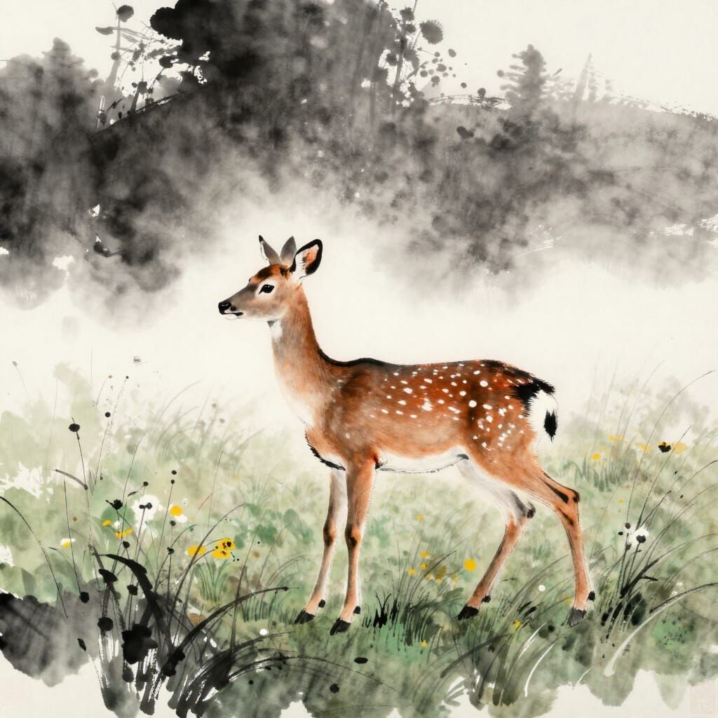 Misty Meadow Doe at First Light in Colored Ink Wash