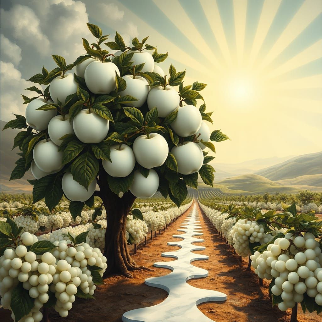 Surreal Marble Apple Tree in Dreamlike Landscape