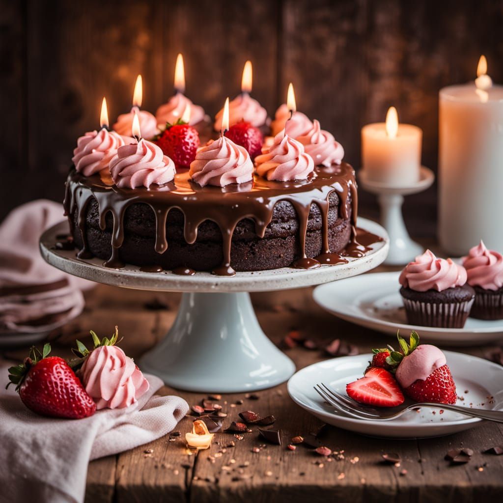 Cozy Chocolate Cake with Strawberry Frosting and Warm Candle...