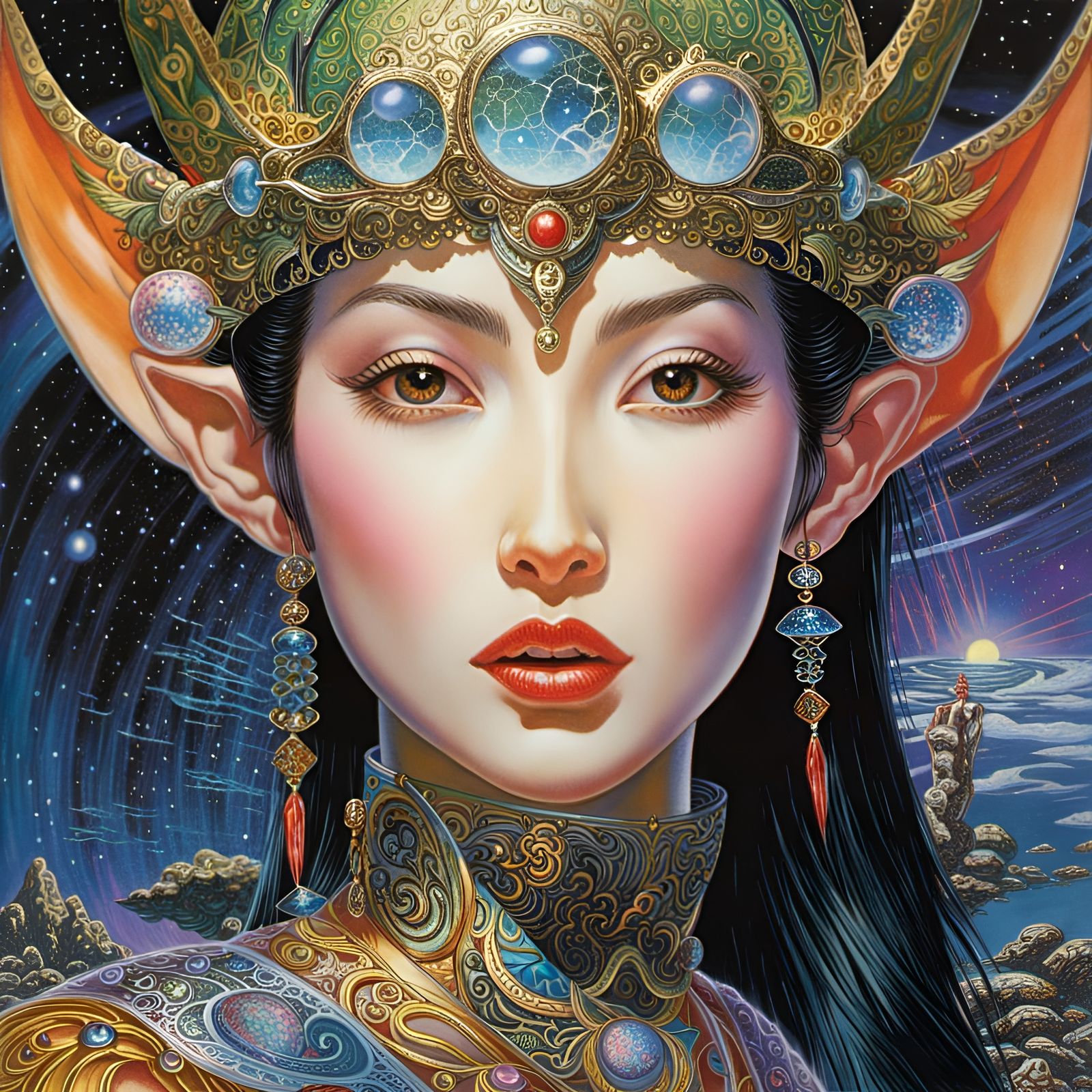Interdimensional Asian Elf Portrait in Ohrai Style