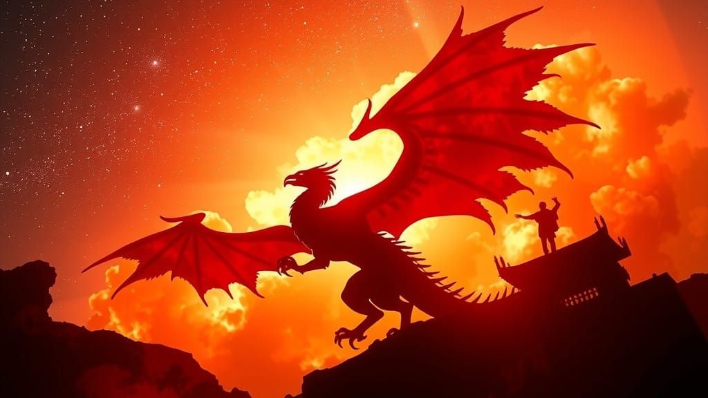 Fantastical Shadows of Red Dragon and Phoenix in Celestial C...