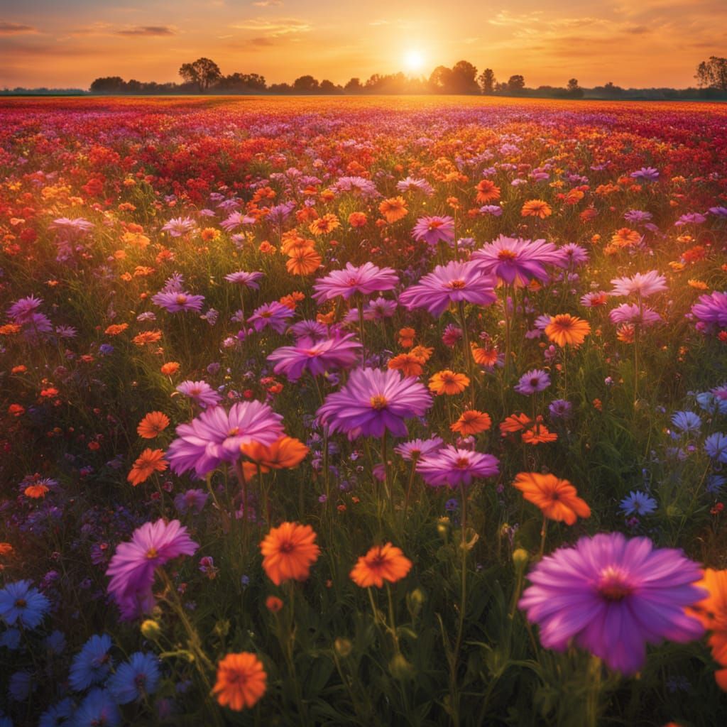 Vibrant Oil Painting of Golden Hour Flower Field