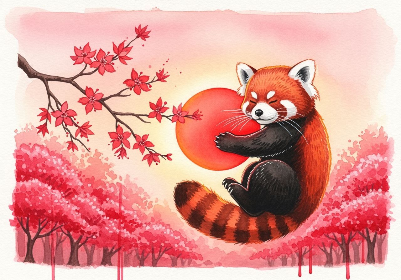 Cosmic Red Panda Hugs Sun in Watercolor Sunset