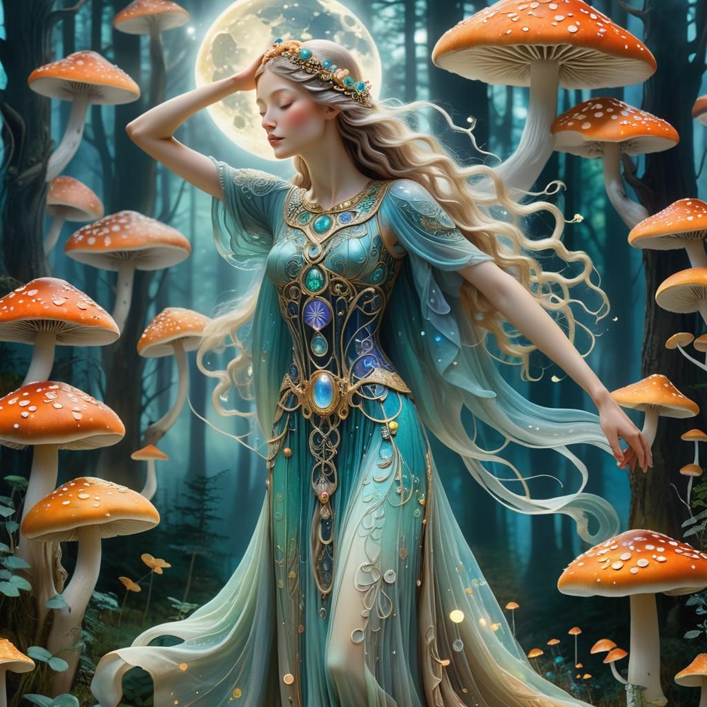 Celestial Art Nouveau Moon Goddess in Forest