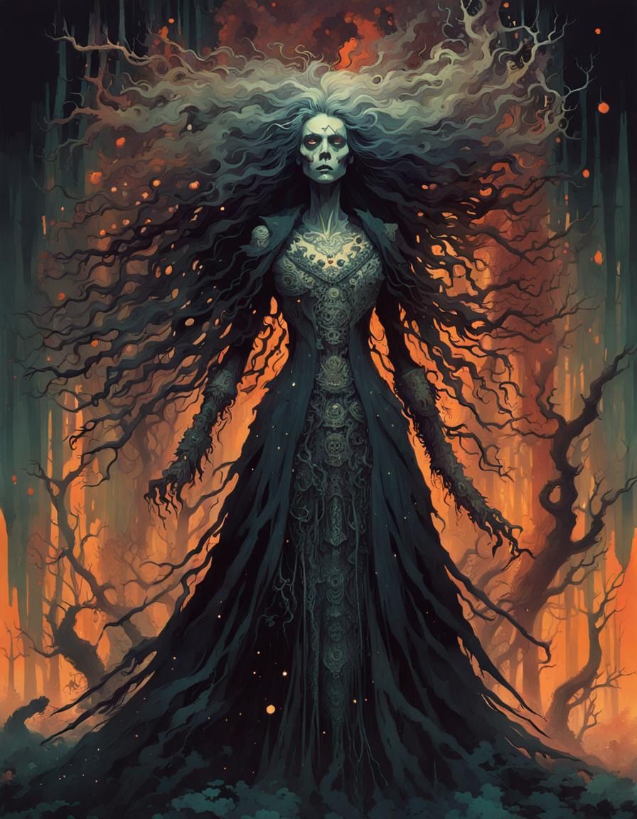 Surreal Witch Commands Skeletons in Dark Fantasy