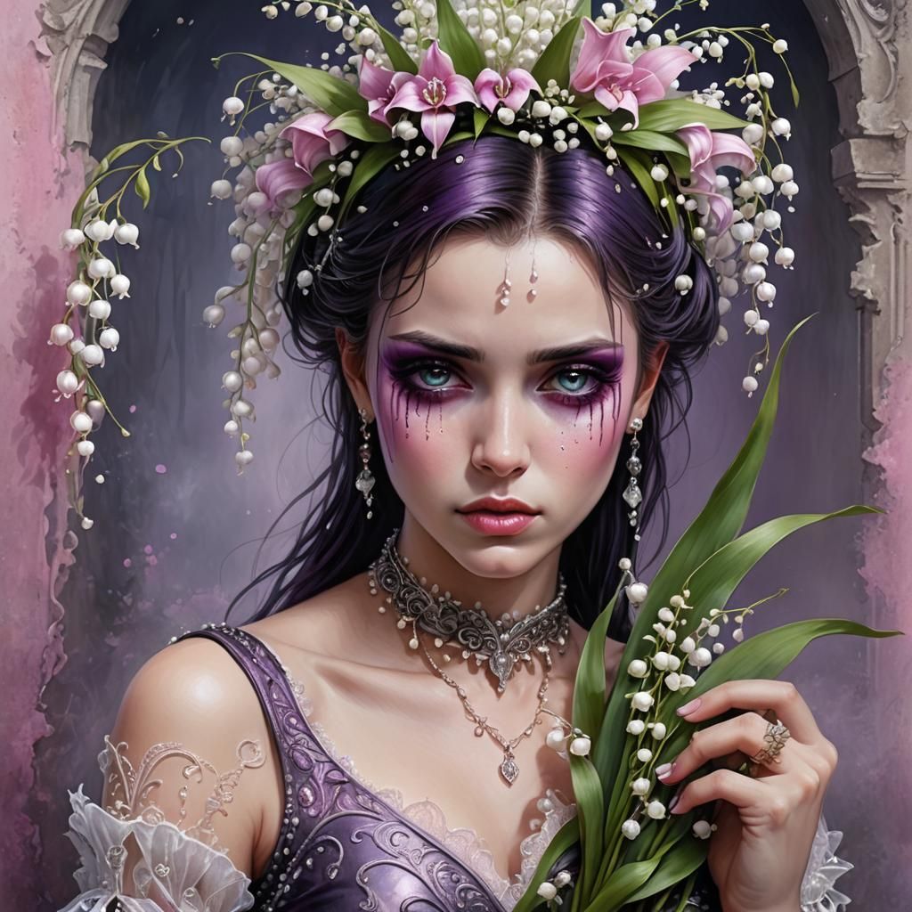 Sad Punk Woman Crying Over Flowers, Bioluminescent Art