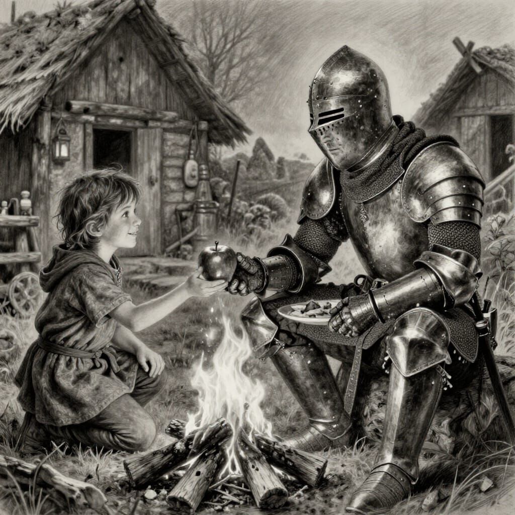 Knight Shares Meal with Child by Campfire in Charcoal Drawin...