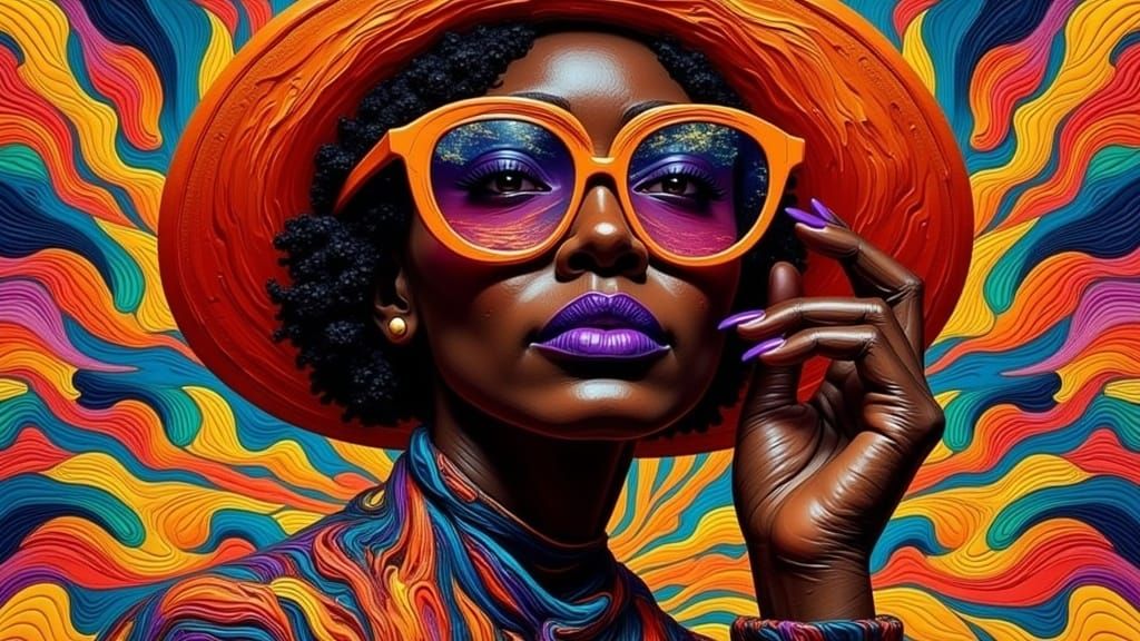 Majestic Senior Woman in Vibrant Orange Hat, Kaleidoscopic P...