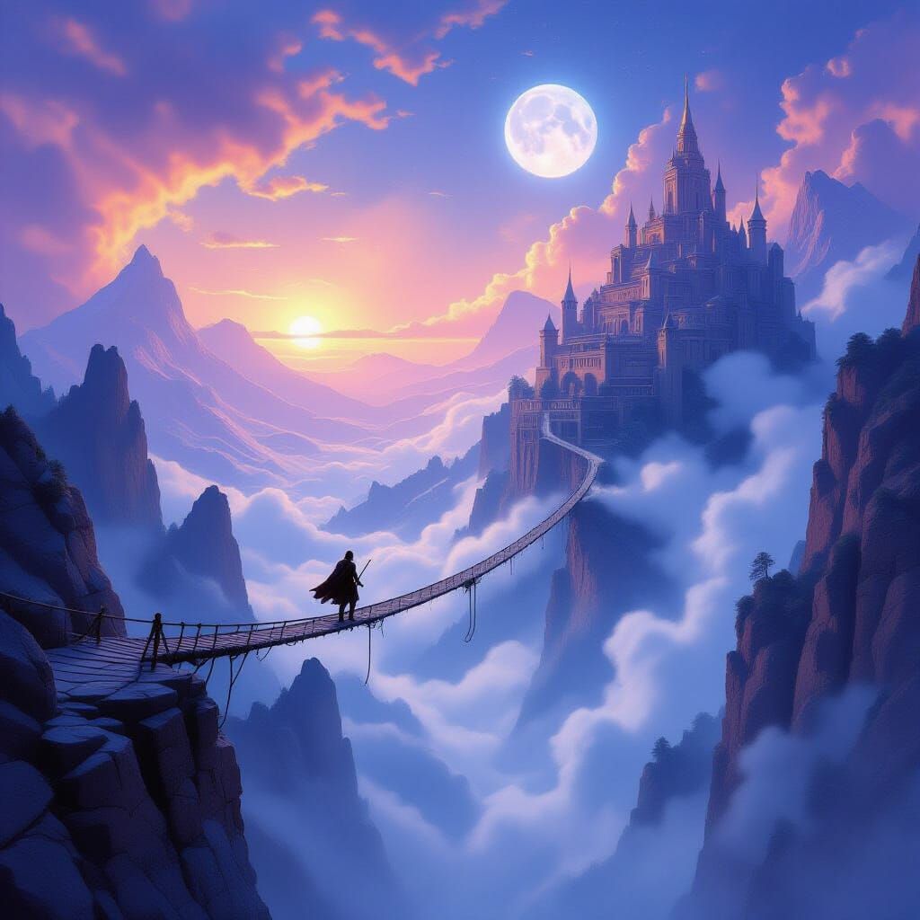 Epic Fantasy Adventurer on Rope Bridge to Mountain City