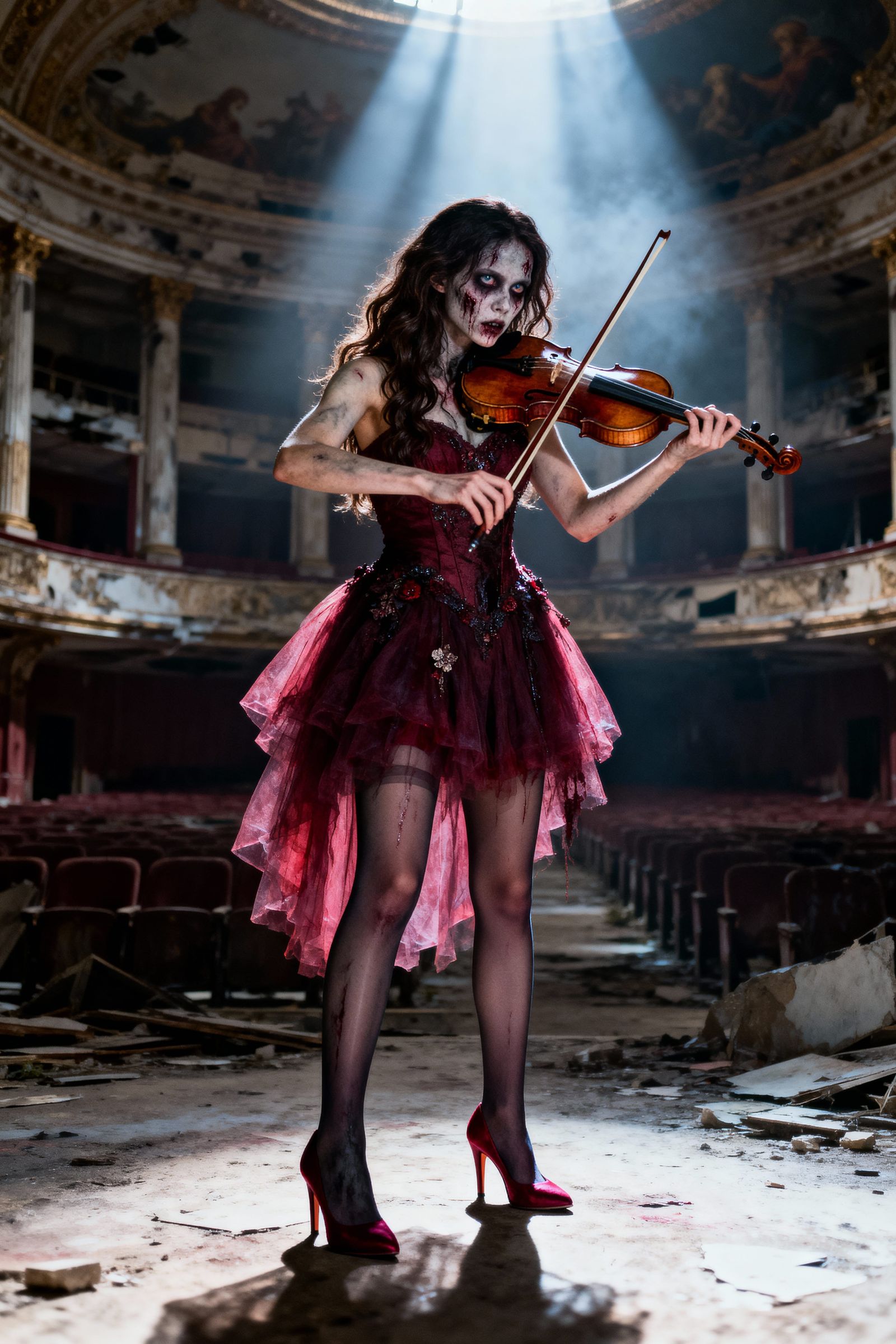Gorgeous Zombie Violinist in Red Gown in Post-Apocalyptic Th...