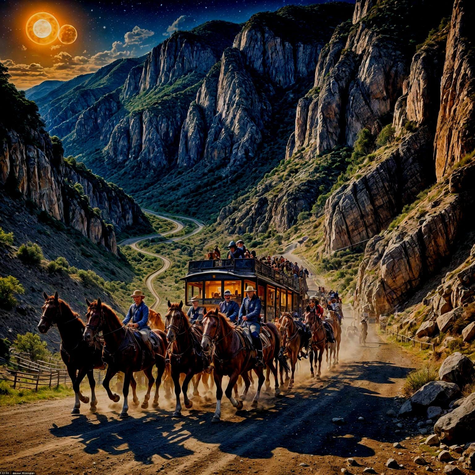 Stagecoach Horses Strain on Mountain Road Under Moonlight
