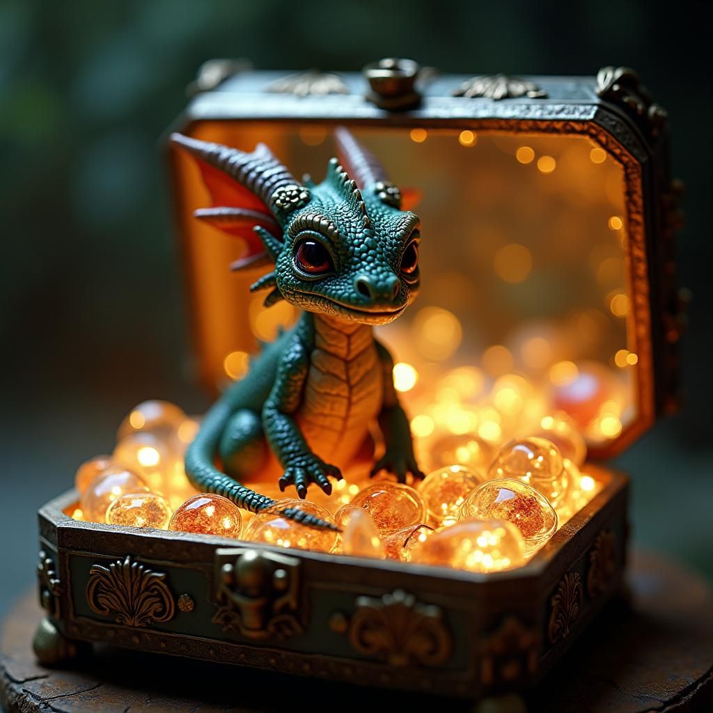 Miniature Dragon in Jeweled Glass Box: Cinematic Still