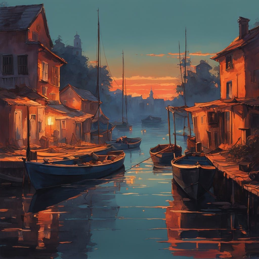 Serene Lake Town at Sunset, with Century-Old Architecture an...