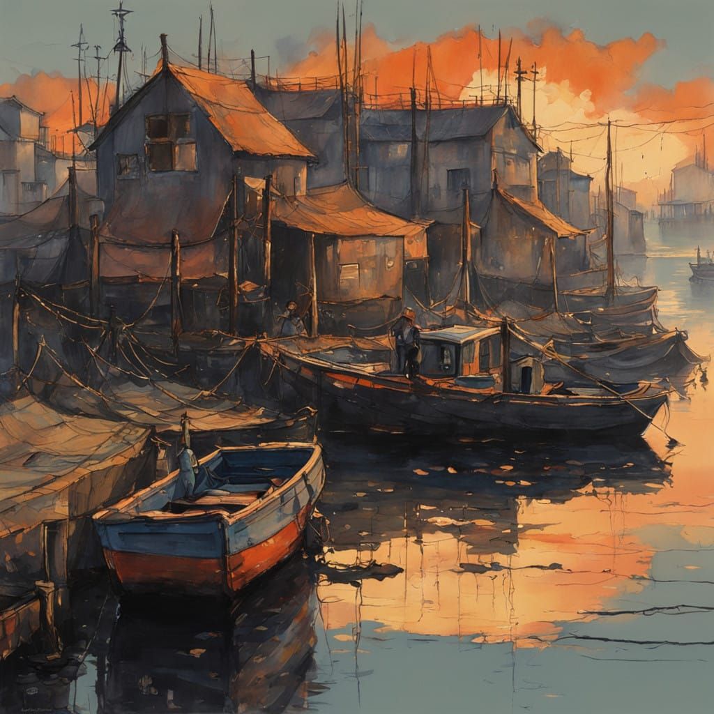 Tranquil Lake Town at Sunset in Dreamlike European Art Style