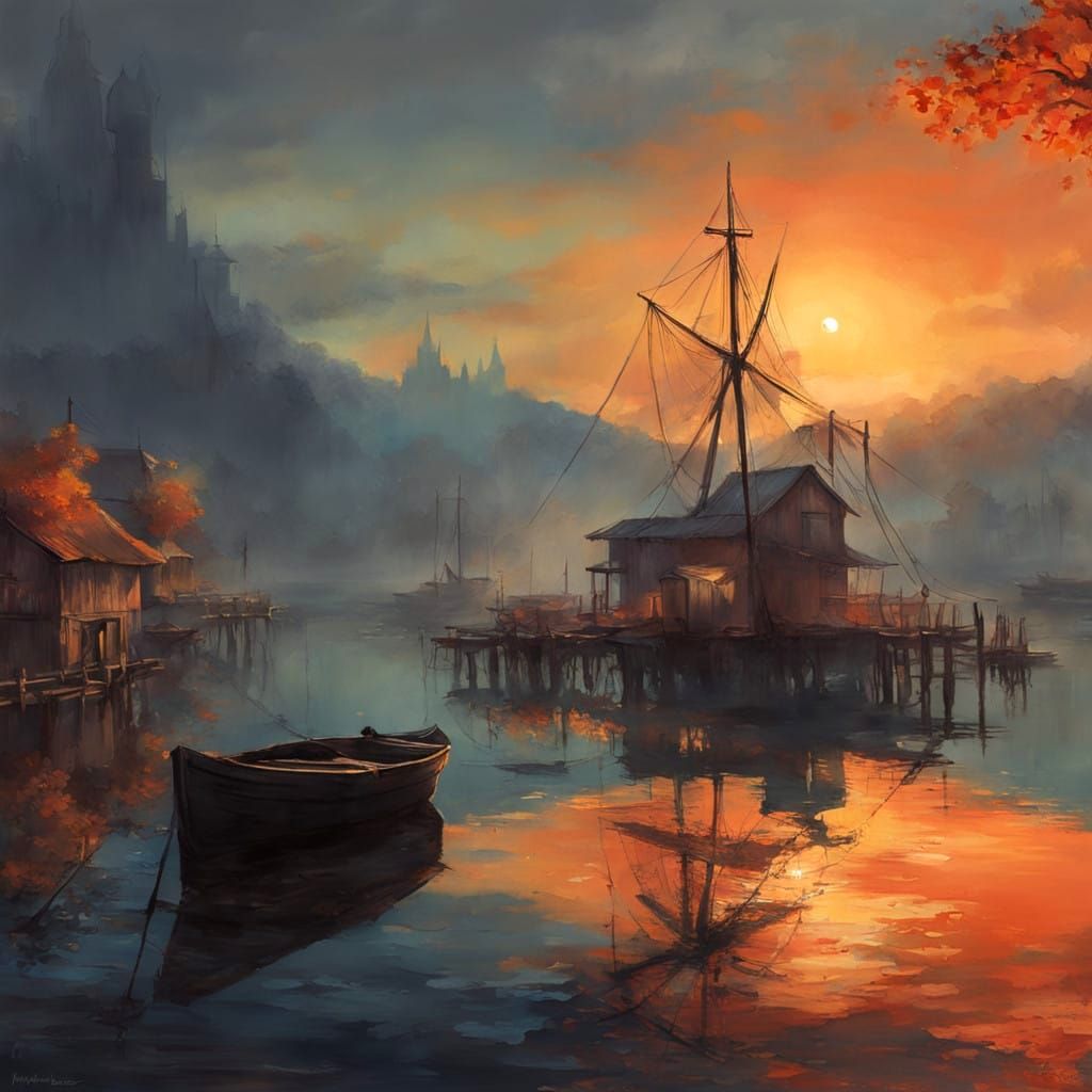 Vibrant Sunset Scene of a Lake Town Bustling with Activity