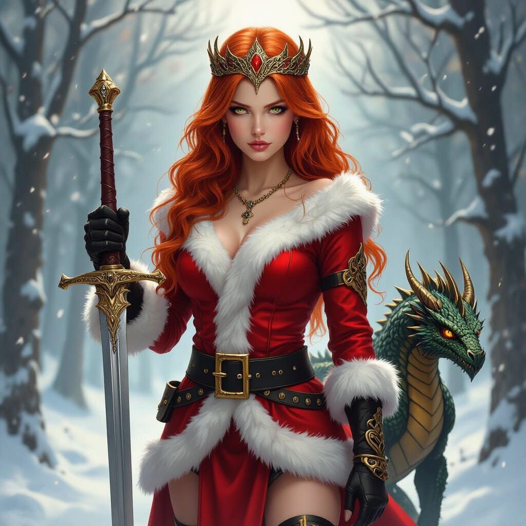 Redhead Warrior Santa in Snowy Forest with Dragon