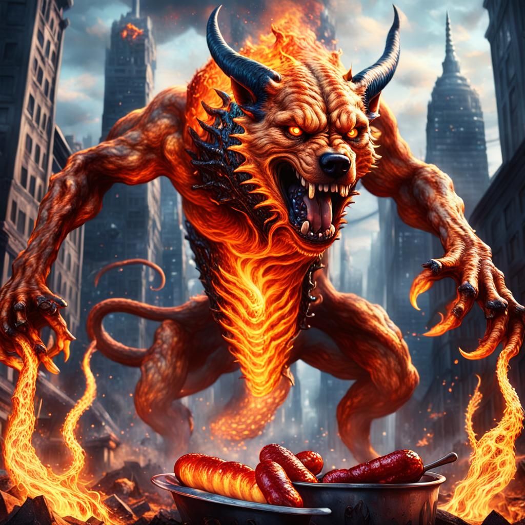 Demonic Hellhound Unleashes Fire in Burning Cityscape