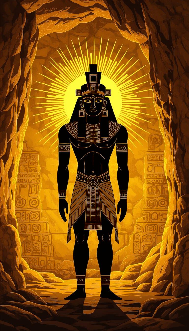 Ancient Deity Silhouette Against Glowing Cave Walls